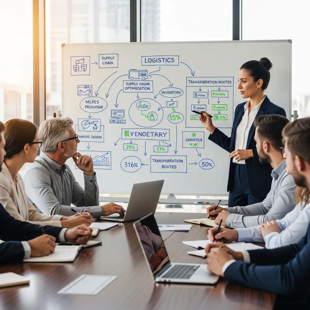 Logistics consultant presenting customized strategies to a diverse business team in a collaborative setting