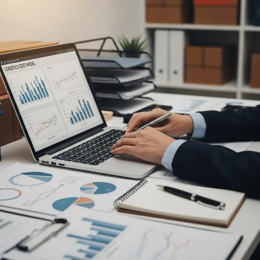 Logistics professional analyzing cost models on a laptop in an organized office setting